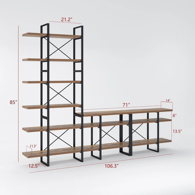TV-Ständer für Unterhaltungselektronik mit 6-stufigem Bücherregal - 106.3 x 14 x 85 Inches, antikes Walnussholz