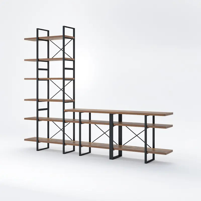 TV-Ständer für Unterhaltungselektronik mit 6-stufigem Bücherregal - 106.3 x 14 x 85 Inches, antikes Walnussholz