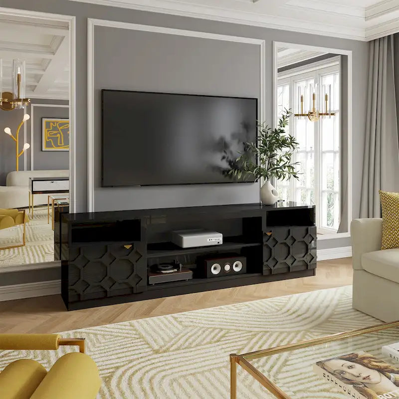 Mueble para TV de alto brillo de 70" con puertas de paneles de panal