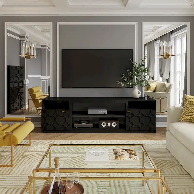 Mueble para TV de alto brillo de 70" con puertas de paneles de panal