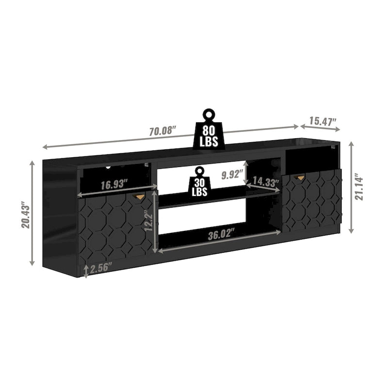 Mueble para TV de alto brillo de 70" con puertas de paneles de panal