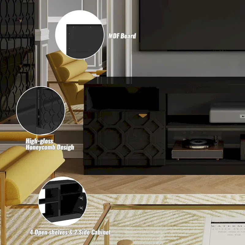 Mueble para TV de alto brillo de 70" con puertas de paneles de panal