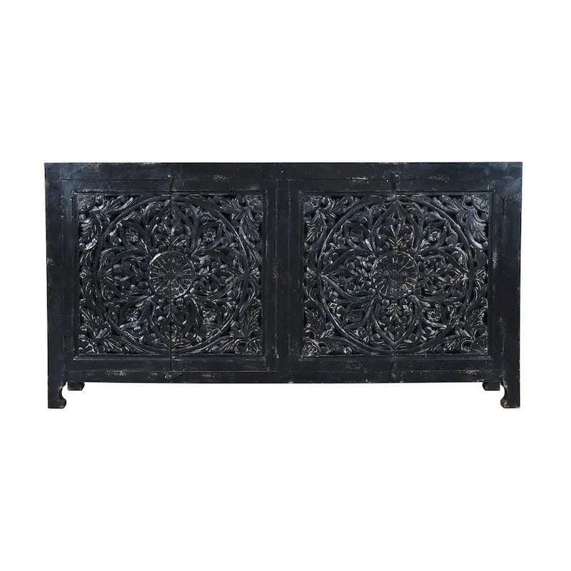 Schwarzes, handgeschnitztes Sideboard mit 4 Türen
