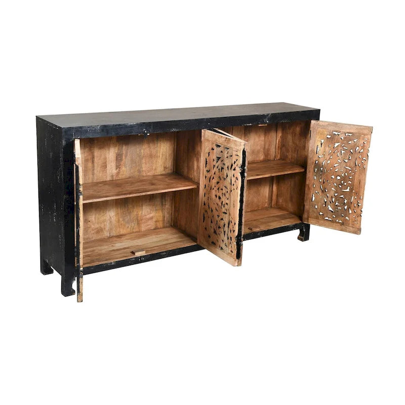 Schwarzes, handgeschnitztes Sideboard mit 4 Türen