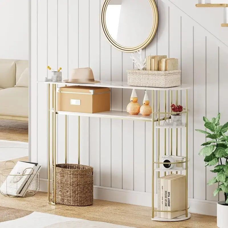 Console Table Gold Sofa Tables Narrow Entryway Table with Storage and Shelves