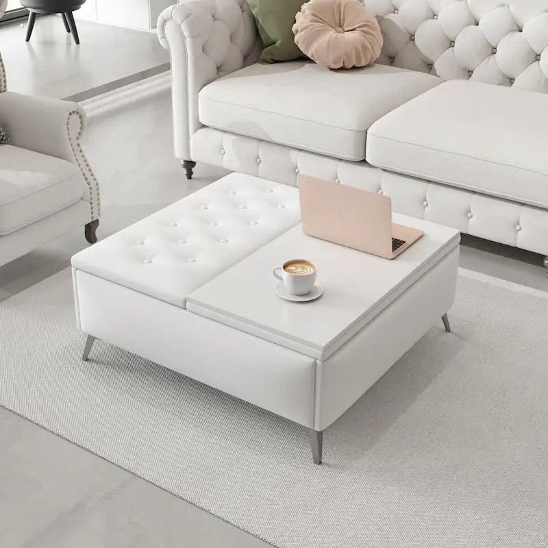 Quadratischer Aufbewahrungshocker-Couchtisch, 35 Inch, mit aufklappbarer Platte